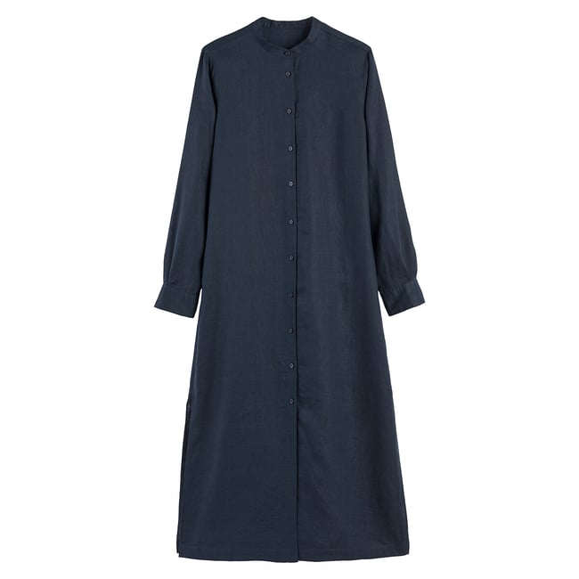 Robe longue,  manches longues en lin bleu marine <span itemprop=