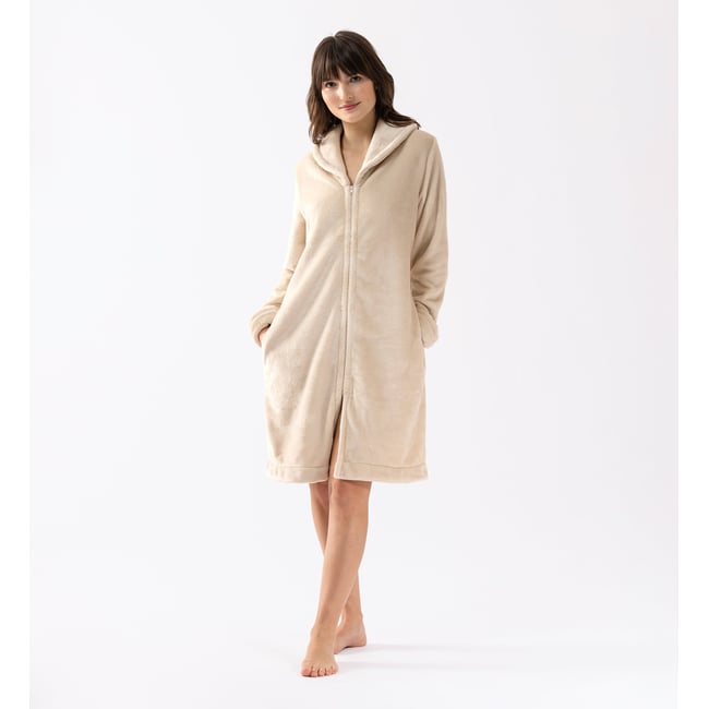 Robe de chambre zipée en peluche flanelle ESSENTIEL H56B beige <span itemprop=