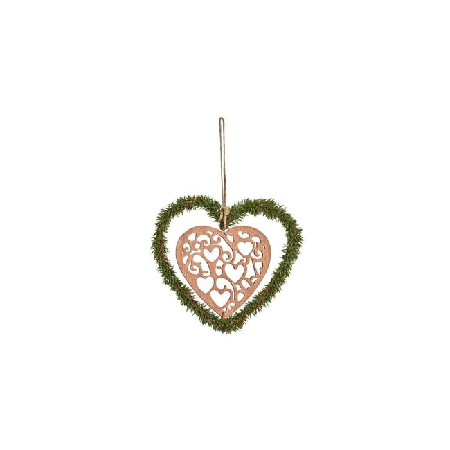 Suspension de noël cœur avec pin décorative en bois H20 Couleur beige et vert <span itemprop=