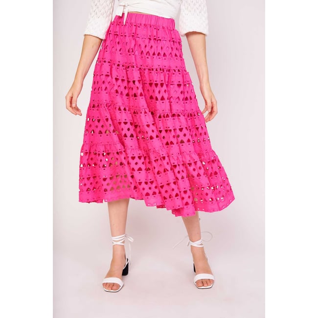 Jupe midi ajourée motif géométrique FLORE fuchsia <span itemprop=