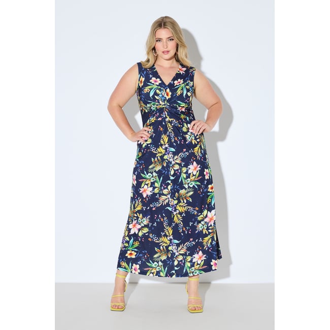 Robe maxi en jersey. Motif floral et drapé marine <span itemprop=