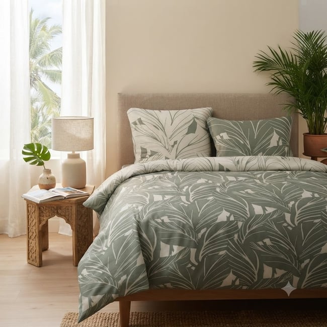 Parure de lit motif Tropical vert <span itemprop=