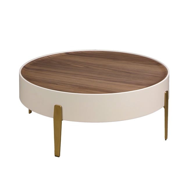 Table basse ronde en noyer, bois et acier poli Couleur beige | l'or | noyer <span itemprop=
