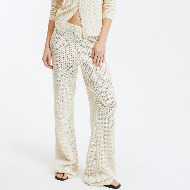 Wide-leg trousers, openwork knit, crochet style, ivory, LA REDOUTE COLLECTIONS