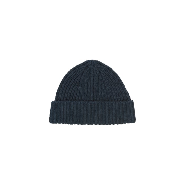 Bonnet tricoté en bouclette en coton bio mélangé bleu foncé <span itemprop=