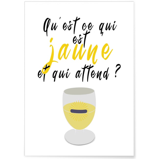 Affiche 'Qu'est ce qui est jaune et qui attend ?' Couleur blanc <span itemprop=