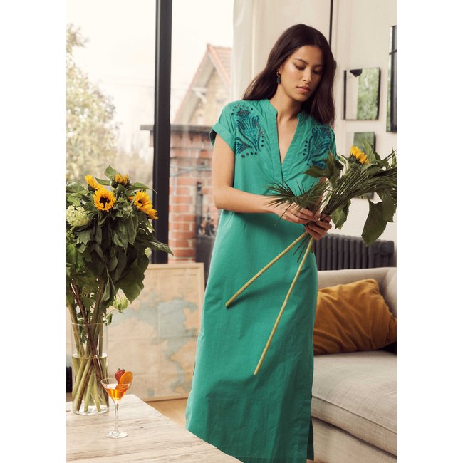Robe longue à manches courtes en coton biologique wasabi <span itemprop=