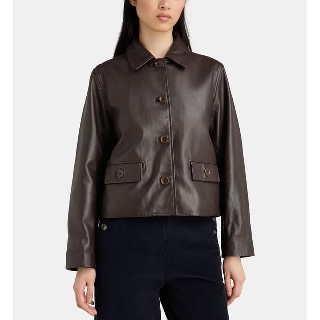 Veste courte olive cuir marron foncé <span itemprop=