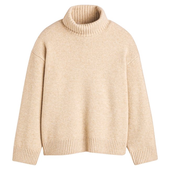 Pull col roulé en maille mousseuse  beige chiné <span itemprop=