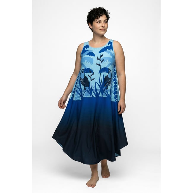 Robe midi sans manches, motif toucans saphir clair <span itemprop=