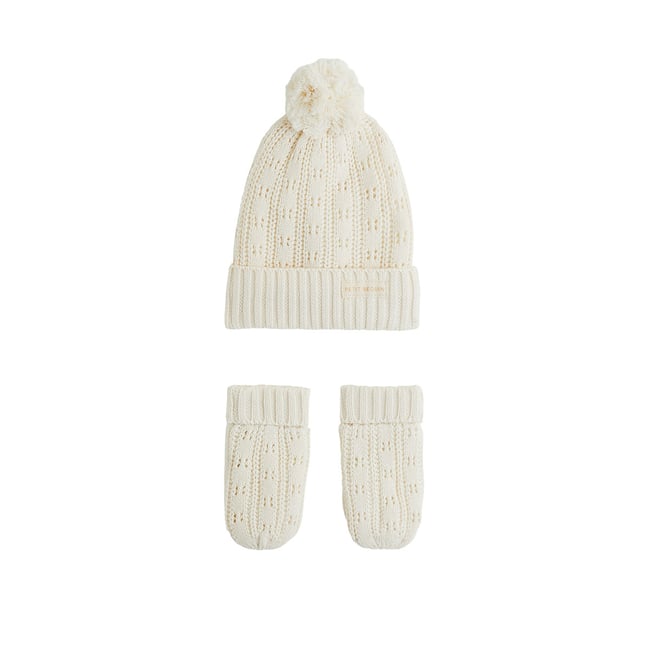 Bonnet bébé et moufles en tricot Elise ecru <span itemprop=
