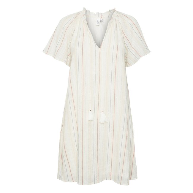 Vestido de rayas con cuello de pico blanco con rayas <span itemprop=