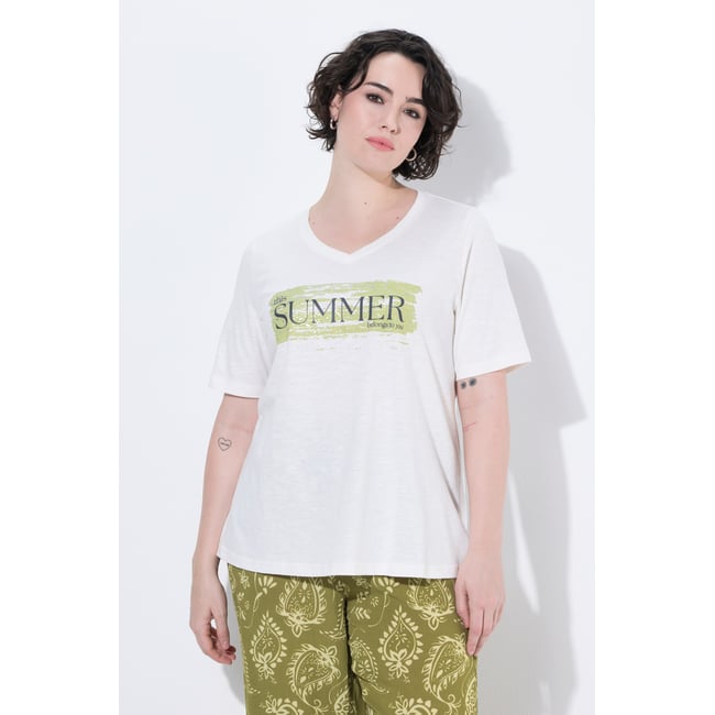 T-shirt, motif texte, coupe classique, col V blanc cassé <span itemprop=
