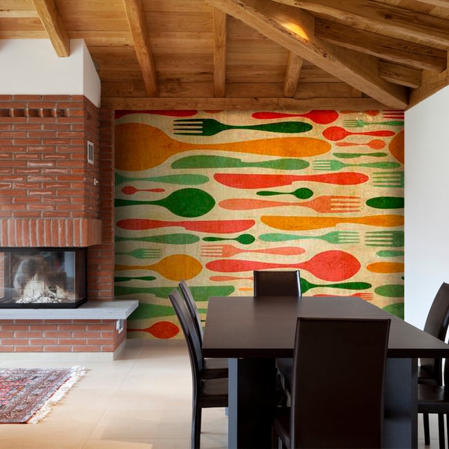 Papier peint intissé panoramique Motifs de cuisine Couverts en vert et orange Couleur rose <span itemprop=