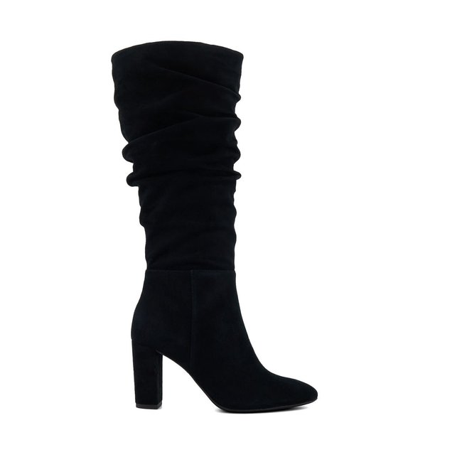 Bottes hauteur genou froncées à talon carré - STIGMA noir daim <span itemprop=