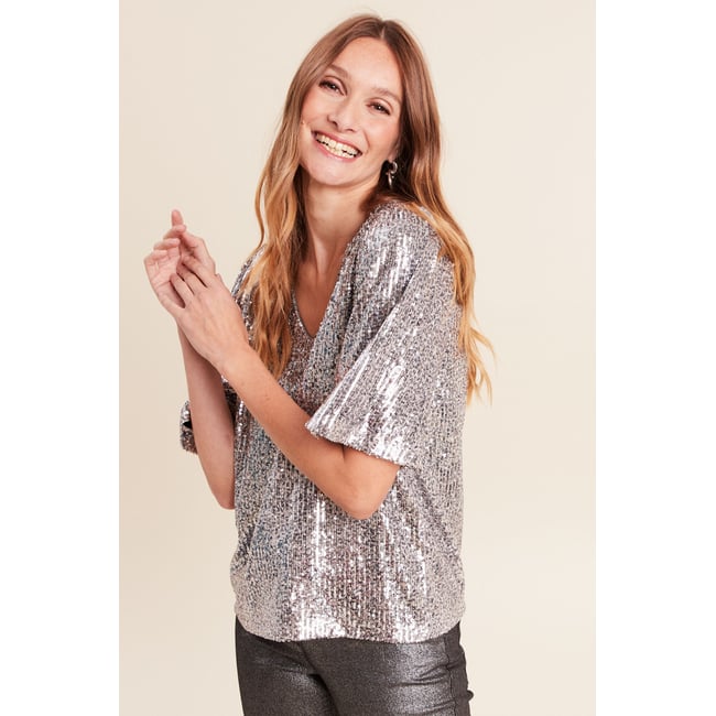 T-shirt à sequins manches coudes gris argent <span itemprop=