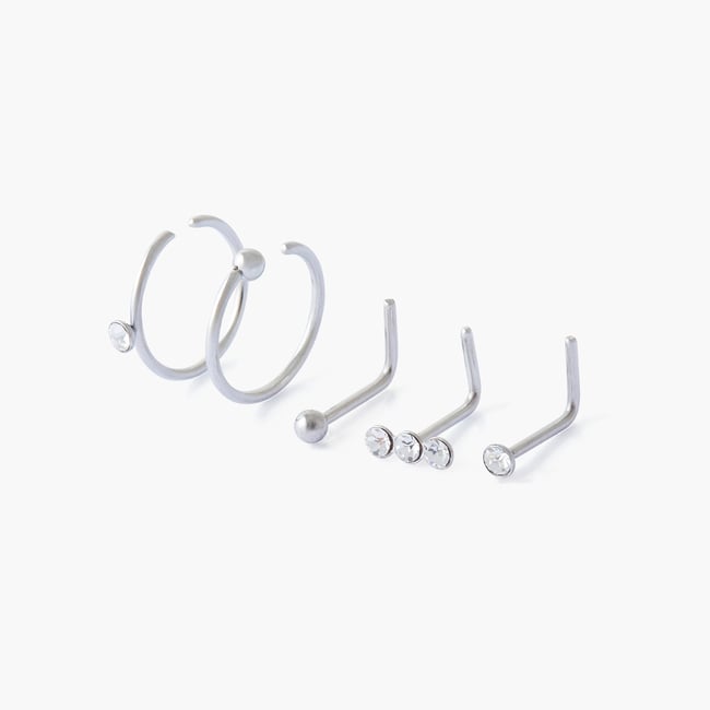 Set de 5 piercings nez studs et anneaux acier inoxydable argenté <span itemprop=