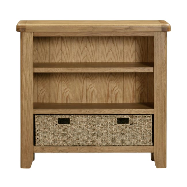 Bibliothèque basse en chêne avec panier de rangement VALMONT Couleur bois naturel <span itemprop=