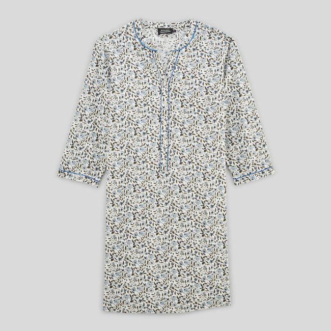 Chemise de nuit manches longues à imprimé floral en coton BIO ecru <span itemprop=