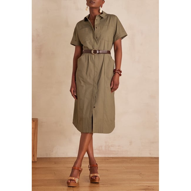 Robe mi-longue RAMA en coton kaki <span itemprop=