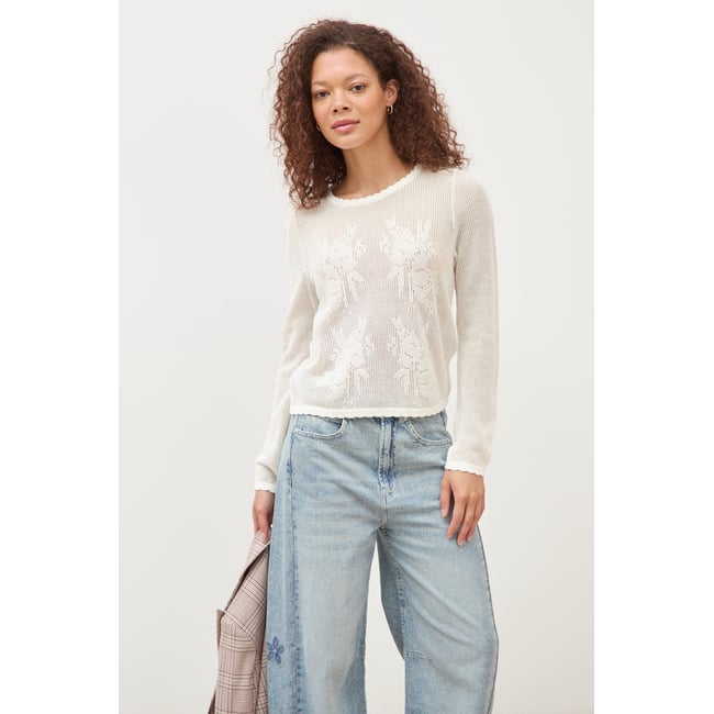 Pull ajouré col rond manches longues ecru <span itemprop=