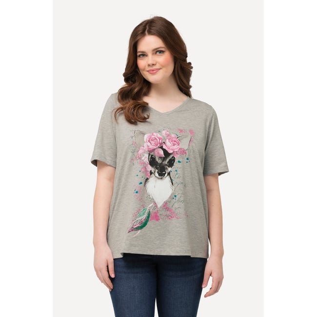 T-shirt à motif faon et fleurs gris clair chiné <span itemprop=