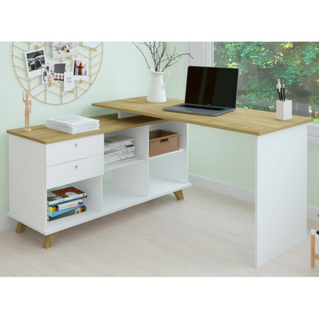 Bureau d'angle avec rangement MARCUS Couleur blanc et bois <span itemprop=