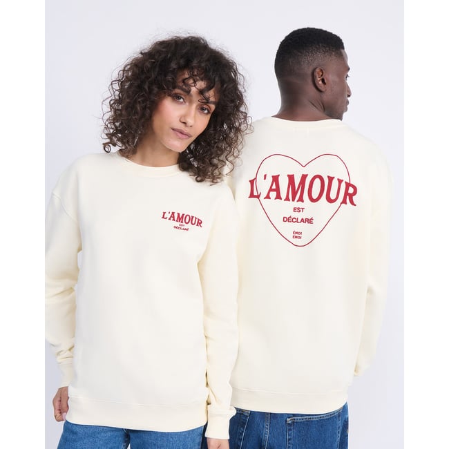 Sweat L'amour est déclaré brodé beige crème <span itemprop=