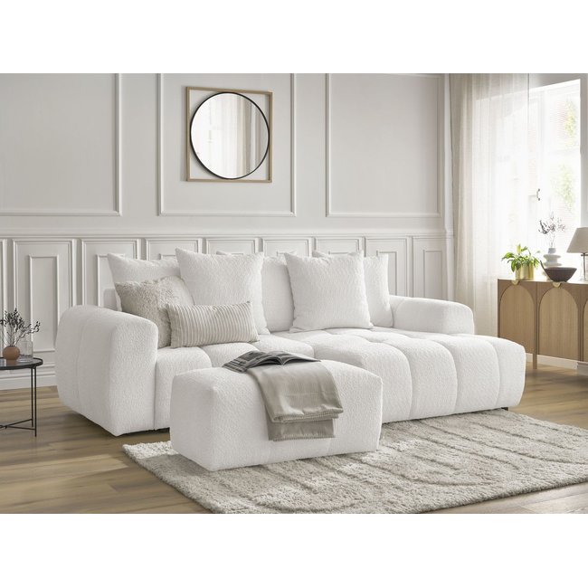 Canapé d'angle convertible 3 places en tissu bouclette avec pouf, ROXELANE - BOBOCHIC