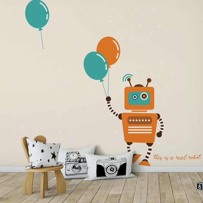 Papier peint enfant ballon robot Couleur intissé <span itemprop=