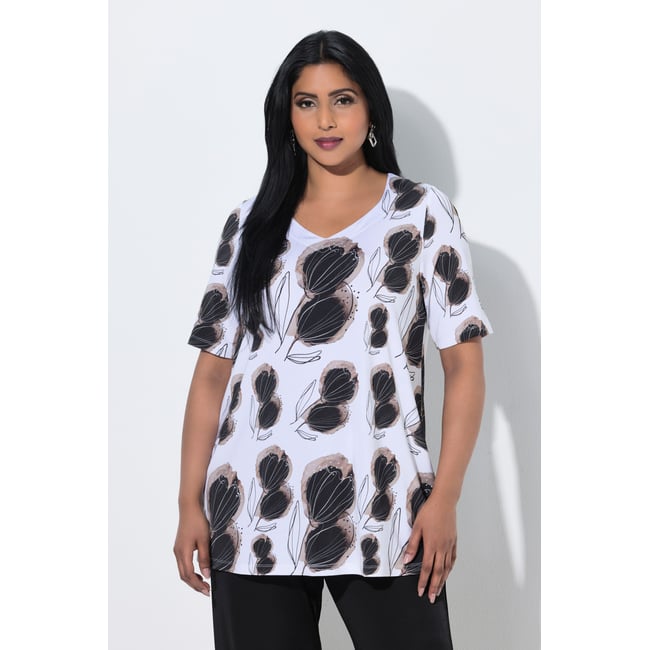 T-shirt au tombé fluide, motif floral gris beige <span itemprop=