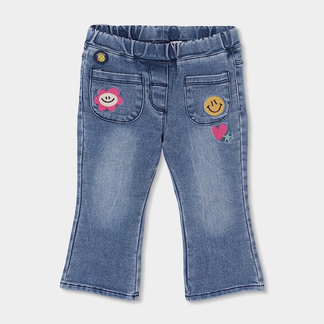 Pantalon denim fille avec patches de fleurs bleu <span itemprop=