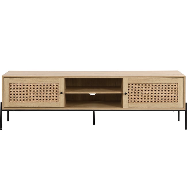 Meuble TV 2 portes en cannage et effet chêne - IRIS Couleur naturel <span itemprop=