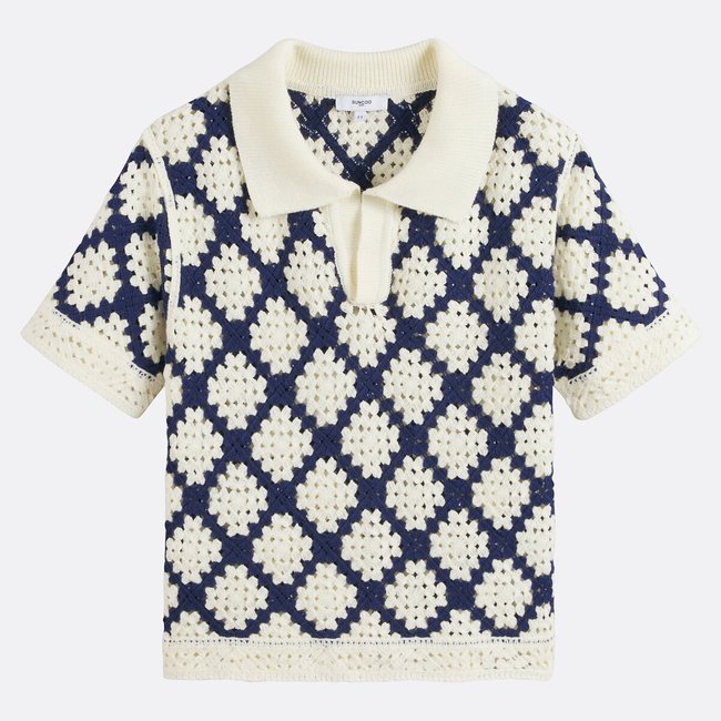 Polo de ganchillo de manga corta, PERISOL azul oscuro/blanco <span itemprop=