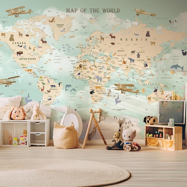 Papier peint enfant carte du monde avions Couleur intissé <span itemprop=