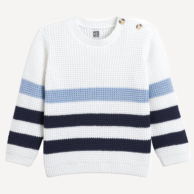 Pull col rond en grosse maille ecru/bleu <span itemprop=