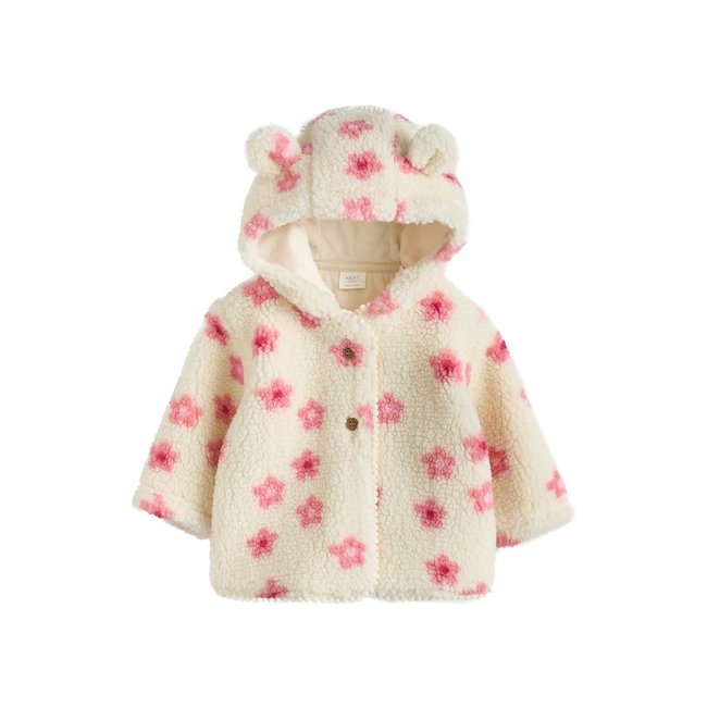 Veste à capuche bébé imitation peau de mouton floral écru et rose <span itemprop=