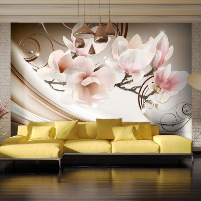Papier peint intissé panoramique Fleurs Waves of Magnolia Couleur rose <span itemprop=