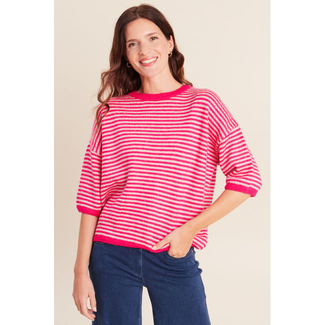 Pull droit col rond manches 3/4 rose <span itemprop=