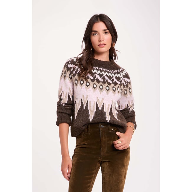 Pull jacquard col rond marron foncé <span itemprop=