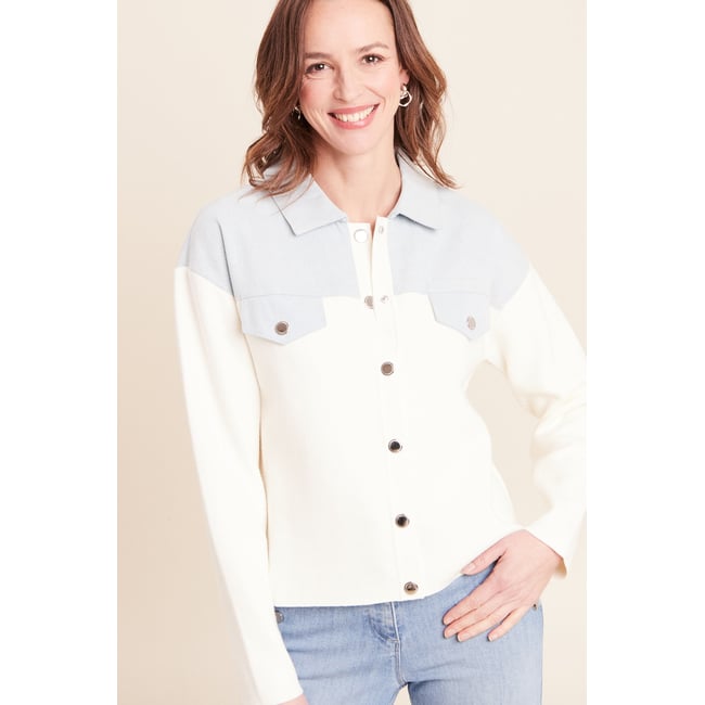 Gilet manches longues col chemise ecru <span itemprop=