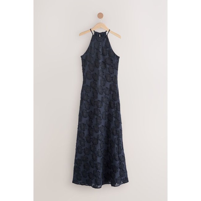 Robe longue texturée à fleurs bleu marine <span itemprop=