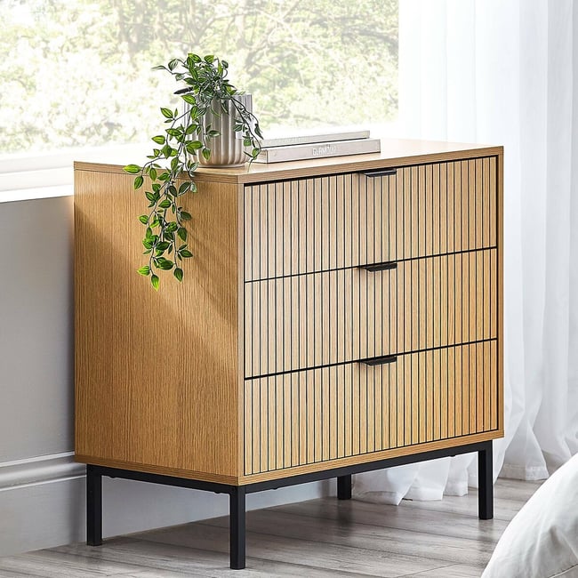 Gia Slatted Oak 3 Drawer Chest, oak, SO'HOME