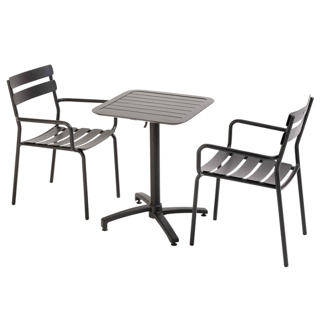 Table de terrasse 60x60 cm inclinable en aluminium et 2 chaises avec accoudoirs, ALMADA noir <span itemprop=