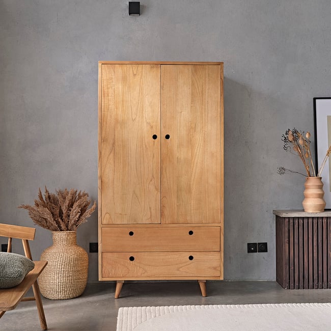 Armoire 2 portes et 2 tiroirs en bois massif  ESMEE Couleur naturel <span itemprop=
