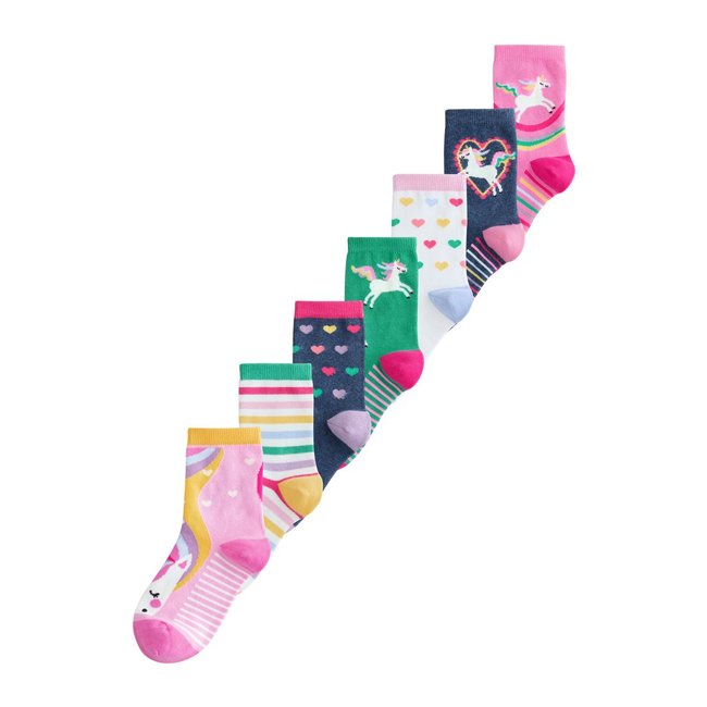 Socquettes coton licornes, 7 paires rose, vert et bleu marine <span itemprop=