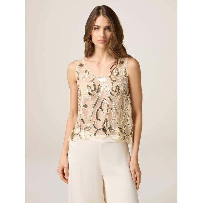 Embroidered tulle top oro <span itemprop=