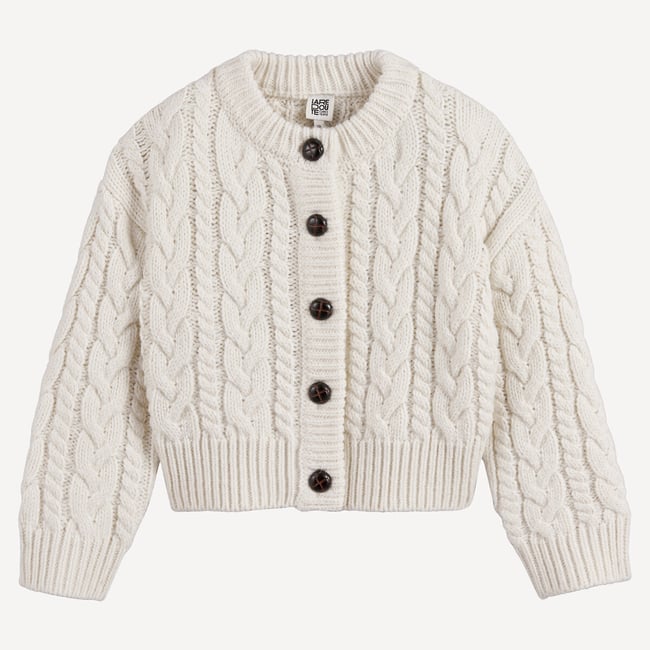 Gilet boutonné en grosse maille torsadée ecru <span itemprop=