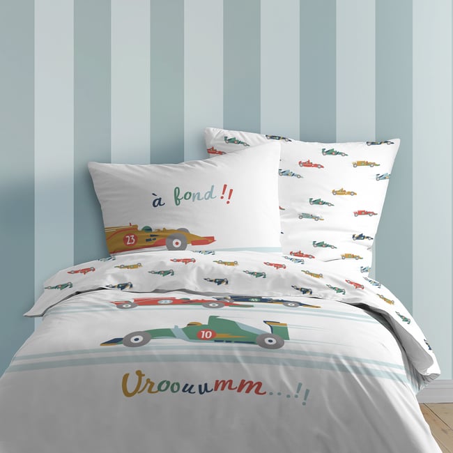 Parure de lit imprimée 100% coton, VROUM blanc <span itemprop=