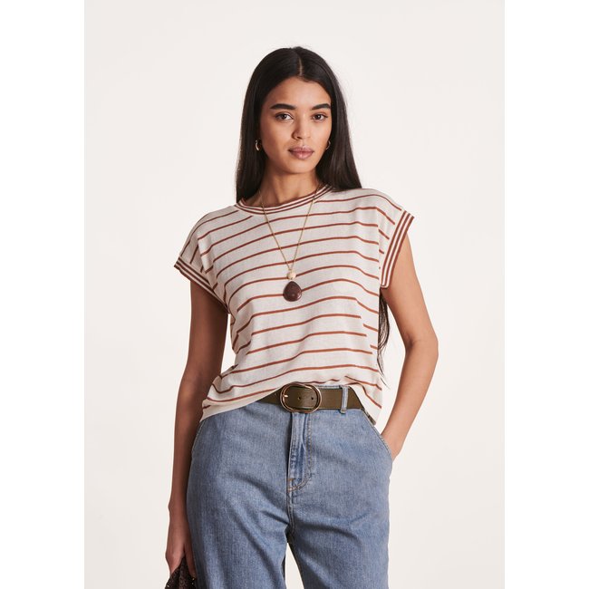 Pull rayé manches courtes col rond blanc/marron <span itemprop=